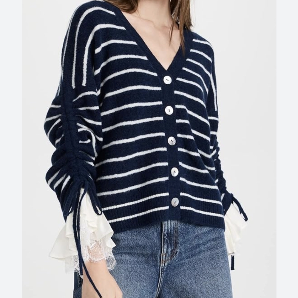 Cinq à Sept Navy and White Striped Cardigan